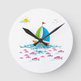 Sailboat and Red fish Round Clock