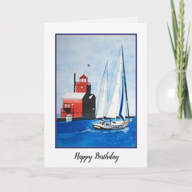 sailboat and red lighthouse birthday card (Front)