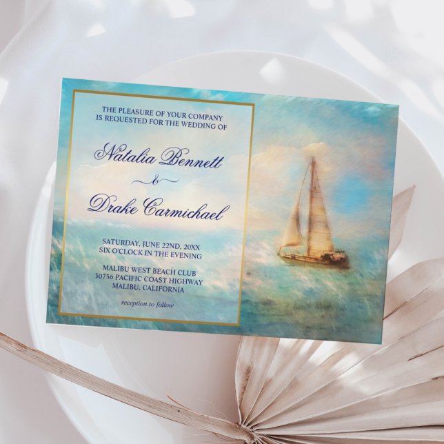 Sailboat and Sea | Nautical Navy and Gold Wedding Invitation (Creator Uploaded)