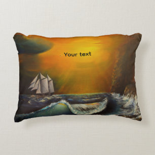 Sailboat and Sunset At The Rocky Shore Decorative Cushion