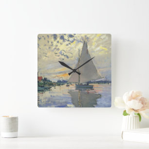 Sailboat at Le Petit-Gennevilliers by Claude Monet Square Wall Clock
