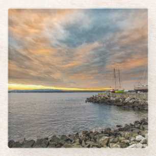 Sailboat at Pier on Ocean at Sunset Coaster