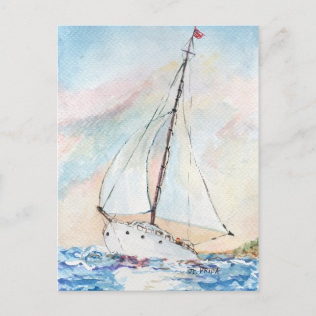 Sailboat at Sea Fine Art Watercolor Painting Postcard (Front)