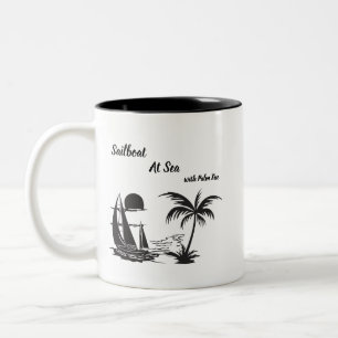 Sailboat at Sea with Palm Tree – Tropical Beach Two-Tone Coffee Mug