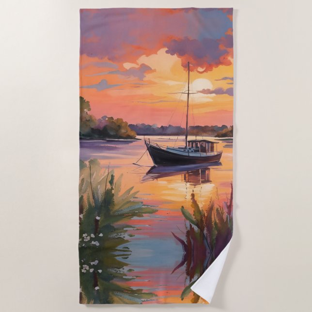 Sailboat at Sunrise Beach Towel (Front)