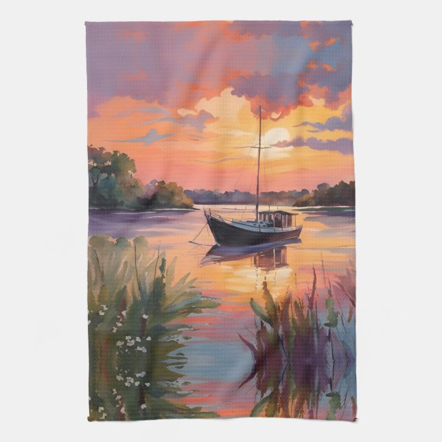 Sailboat at Sunrise  Tea Towel (Vertical)