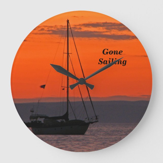 Sailboat at Sunset, Orange Sky, Round Wall Large Clock (Front)
