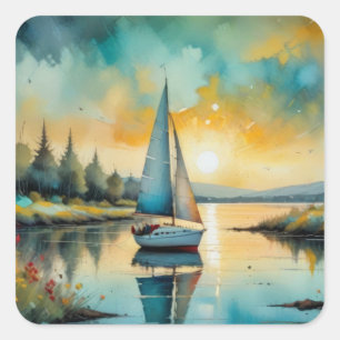 sailboat at sunset painting square sticker