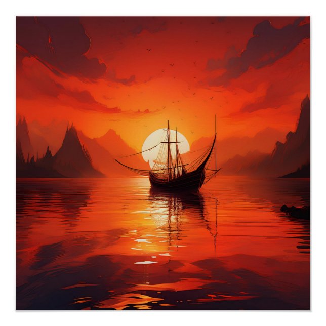 Sailboat at Sunset – Red Ocean Serenity Art Poster (Front)