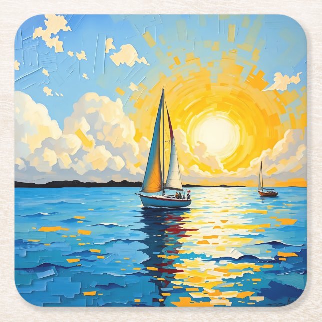 Sailboat at Sunset Square Paper Coaster (Front)