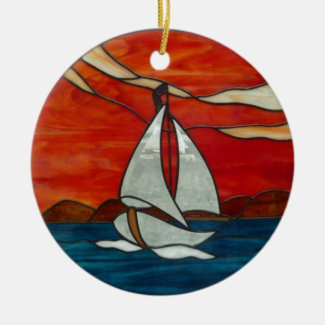 Sailboat at Sunset Stained Glass Art Design Ceramic Ornament (Front)