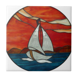 Sailboat at Sunset Stained Glass Art Design Ceramic Tile