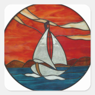 Sailboat at Sunset Stained Glass Art Design Square Sticker