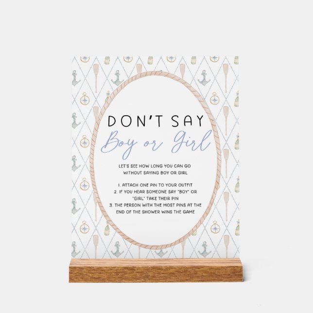 Sailboat Baby Shower Games - Don't Say Boy or Girl Acrylic Sign (Front)