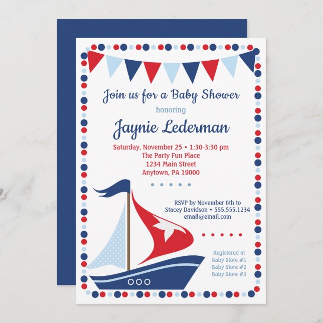 Sailboat Baby Shower Invitation Boys Sail Boat (Front/Back)
