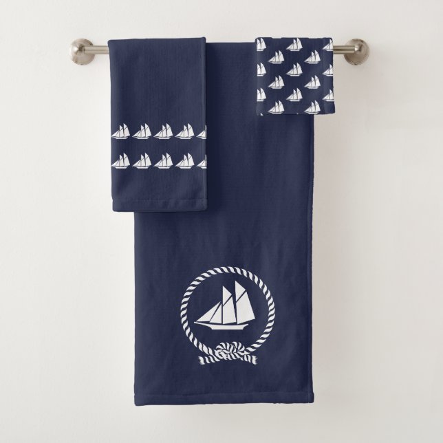 Sailboat Bathroom Ocean Blue & white Bath Towel Set (Insitu)