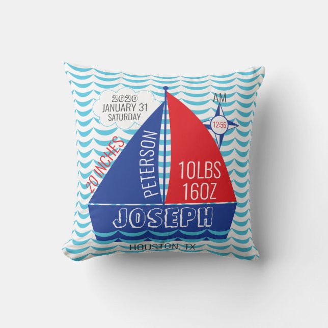 Sailboat Birth Announcement-Nautical Baby Stats Cushion (Front)