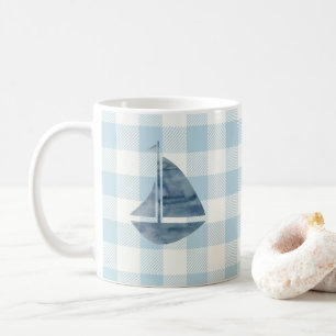 Sailboat Blue Gingham Check Pattern Coffee Mug