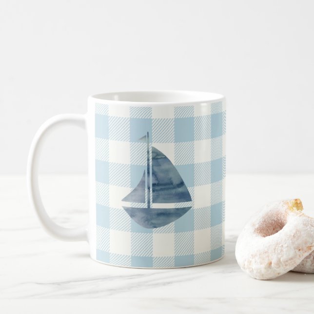 Sailboat Blue Gingham Check Pattern Coffee Mug (With Donut)