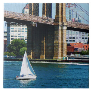 Sailboat by the Brooklyn Bridge Ceramic Tile