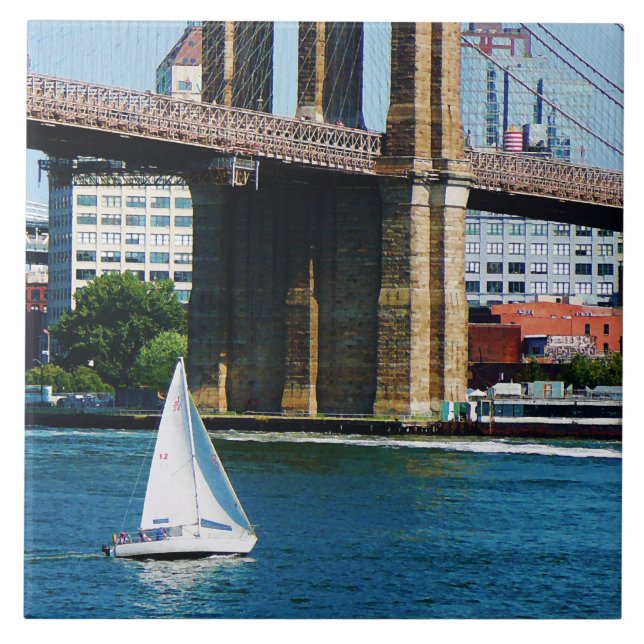 Sailboat by the Brooklyn Bridge Ceramic Tile (Front)