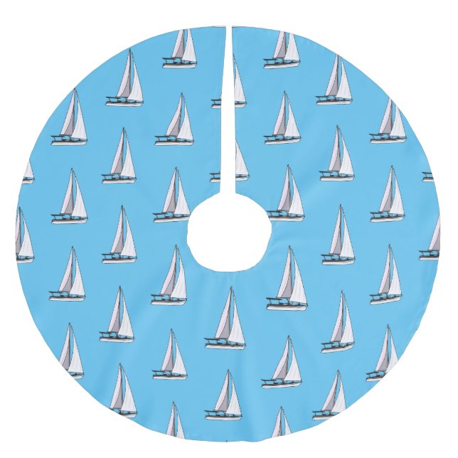 Sailboat cartoon illustration brushed polyester tree skirt (Front)