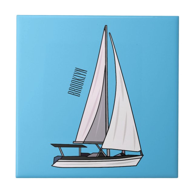 Sailboat cartoon illustration ceramic tile (Front)
