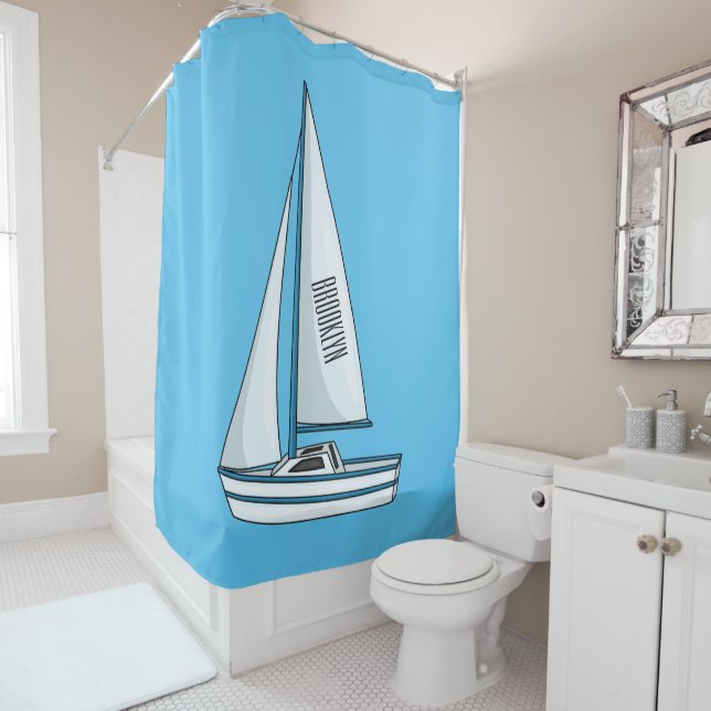 Sailboat cartoon illustration shower curtain (In Situ)