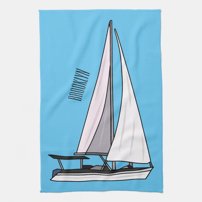 Sailboat cartoon illustration tea towel (Vertical)