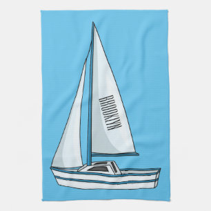 Sailboat cartoon illustration tea towel