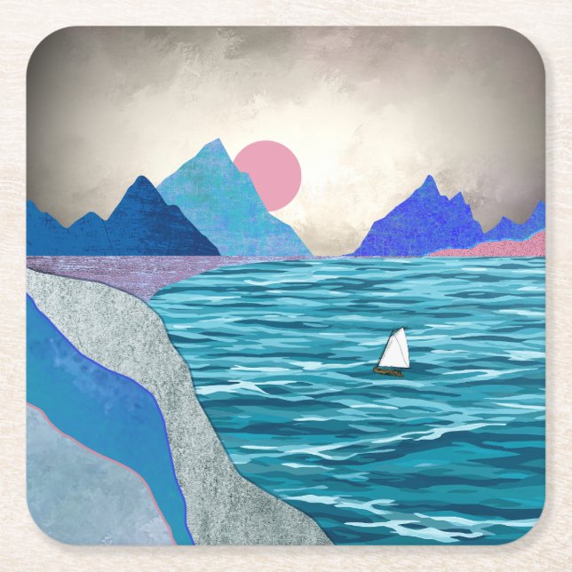 Sailboat Cove Landscape Square Paper Coaster (Front)