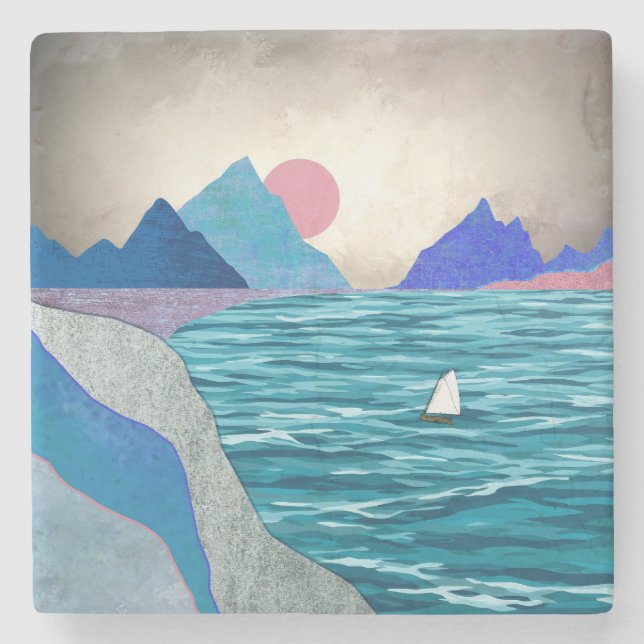 Sailboat Cove Landscape Stone Coaster (Front)