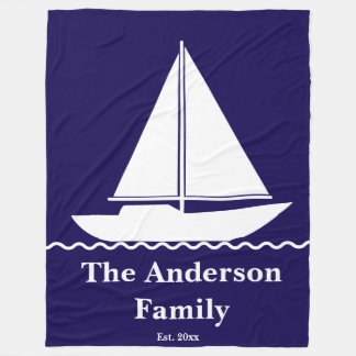 Sailboat Dark Blue and White Family Name Est. Year Fleece Blanket