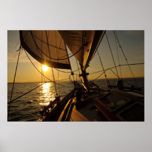 Sailboat Deck, Heading Into Setting Sun Poster