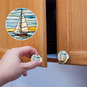 Sailboat Faux Stained Glass  Ceramic Knob