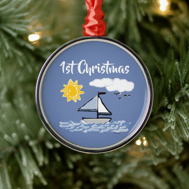 Sailboat First Christmas Animated Metal Ornament (Tree)