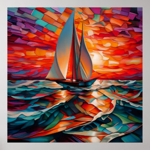 Sailboat gliding across a wavy sea poster