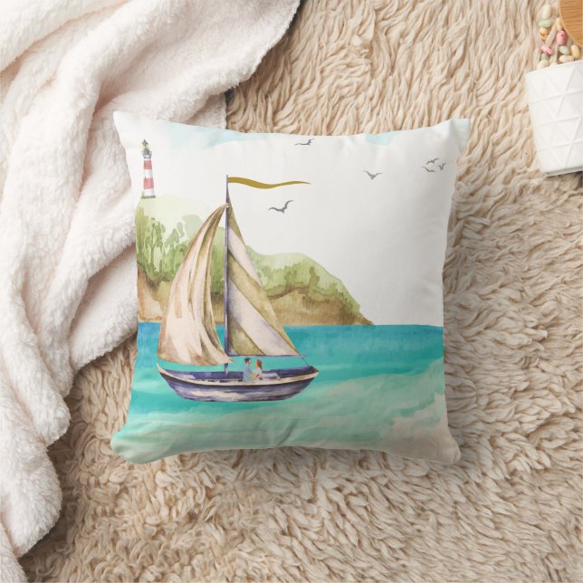 Sailboat in a Turquoise Ocean 16"x16" Throw Pillow (Blanket)