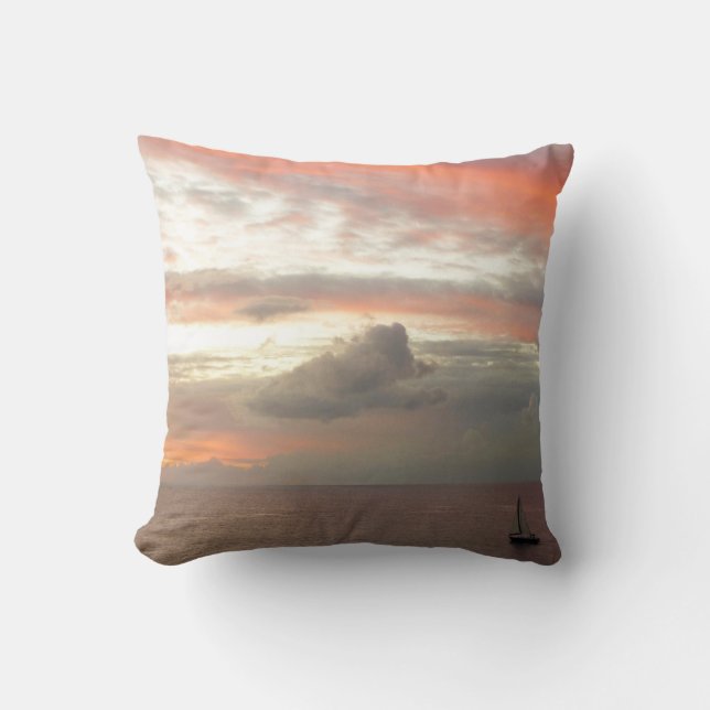 Sailboat in Sunset Beautiful Pink Seascape Cushion (Front)