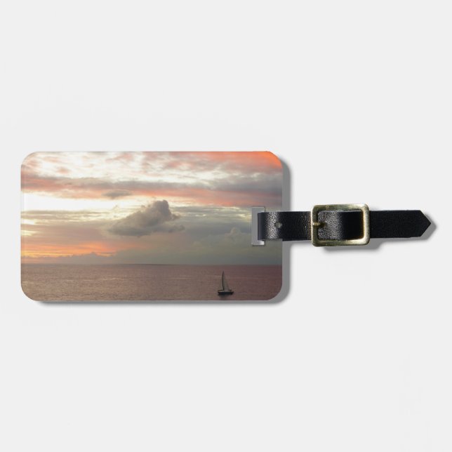 Sailboat in Sunset Beautiful Pink Seascape Luggage Tag (Front Horizontal)
