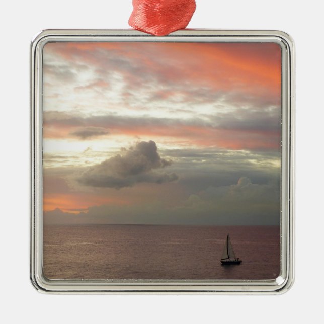 Sailboat in Sunset Beautiful Pink Seascape Metal Ornament (Front)