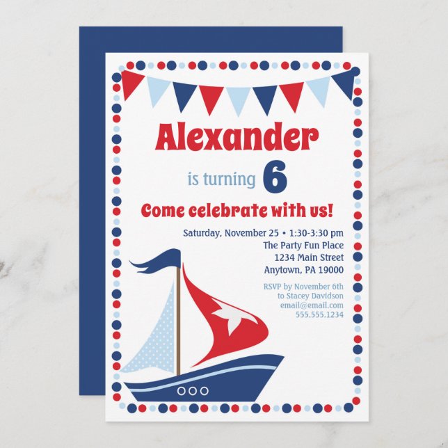 Sailboat Invitation Kids Sail Boat Birthday Party (Front/Back)