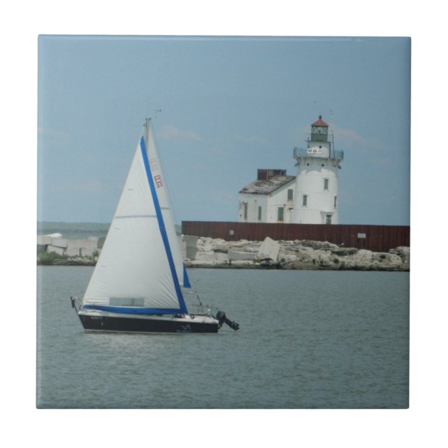 Sailboat & Lighthouse Decorative Tile (Front)