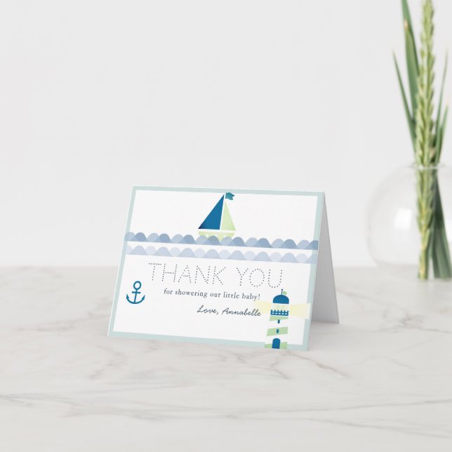 Sailboat & Lighthouse Nautical Blue Baby Shower Thank You Card (Front)