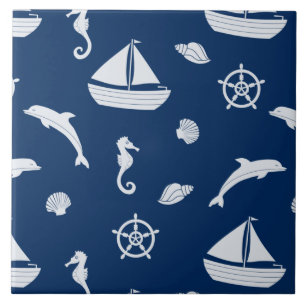 Sailboat & Marine Life Pattern Ceramic Tile