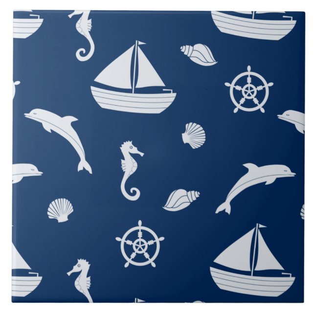 Sailboat & Marine Life Pattern Ceramic Tile (Front)