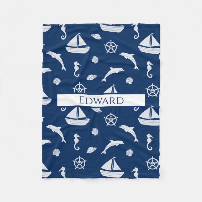 Sailboat & Marine Life Pattern Fleece Blanket (Front)