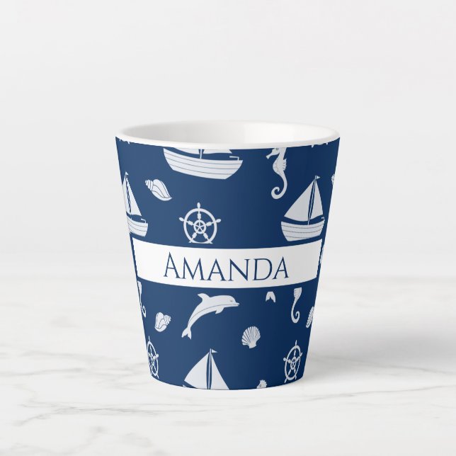 Sailboat & Marine Life Pattern Latte Mug (Front)