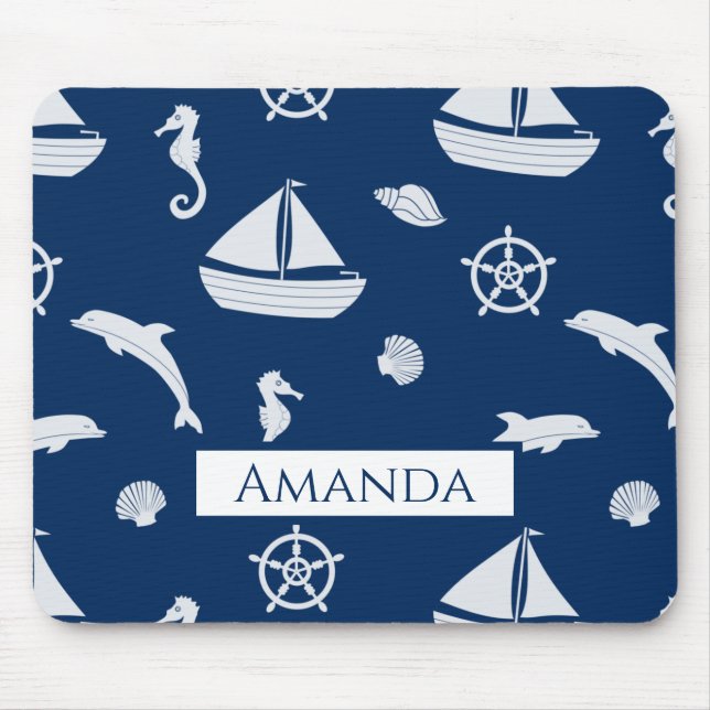 Sailboat & Marine Life Pattern Mouse Pad (Front)