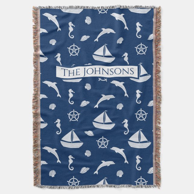 Sailboat & Marine Life Pattern Throw Blanket (Front Vertical)